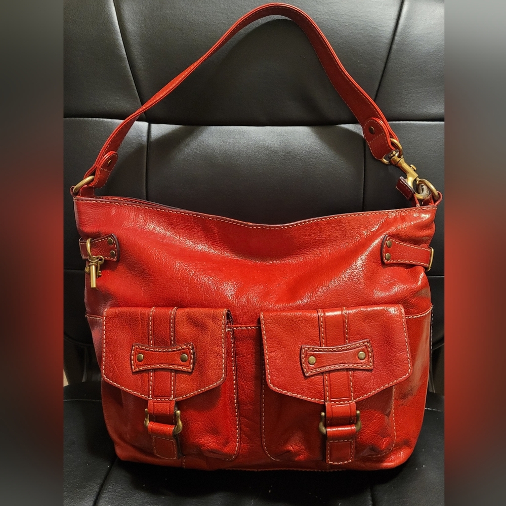 Fossil Red Leather Double Front Utility Pocket Hobo Shoulder Bag